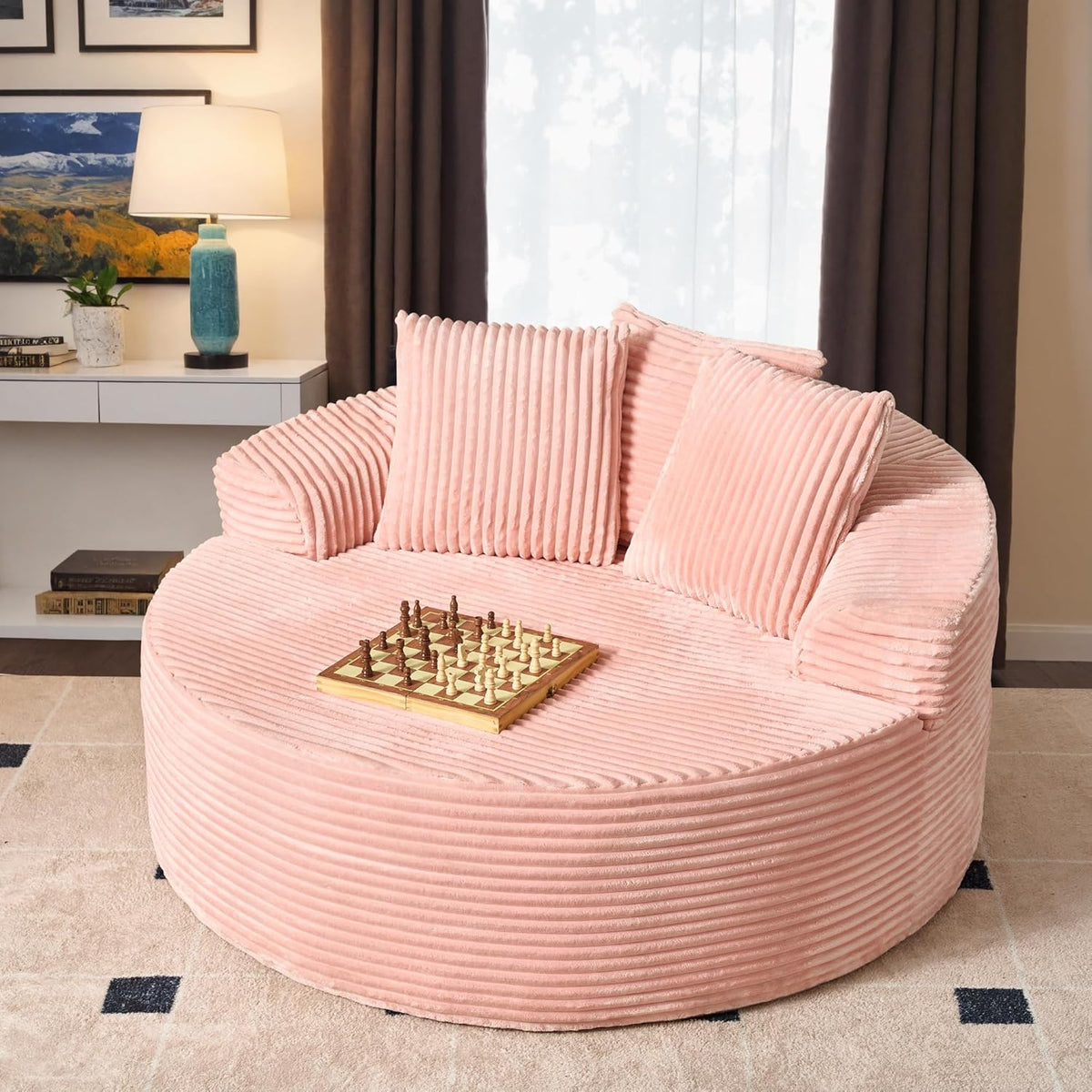 ovios 58" Oversized Round Chair Lounge Chaise Indoor, No Assembly Required, Cloud Large Circle Chair with Plush Fuax Fur, Fluffy Modern Sleeper Sofa Bed for Reading Yoga, Pink (Plush Corduroy Fabric)