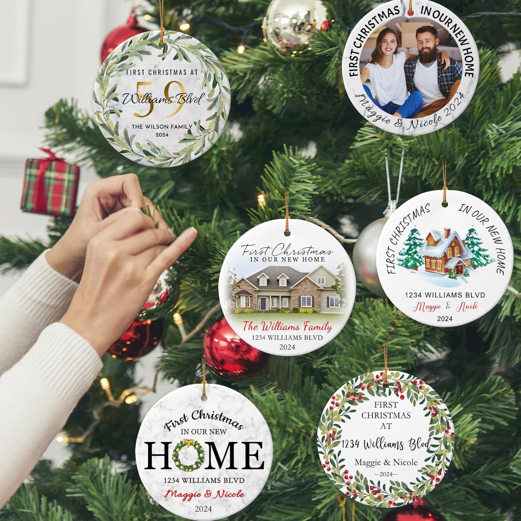 Personalized New Home Ornament 2025 w/Name & Address, Custom First Christmas in Our New Home Ornaments,Double-Sided Ceramic Customized New House Xmas Ornaments