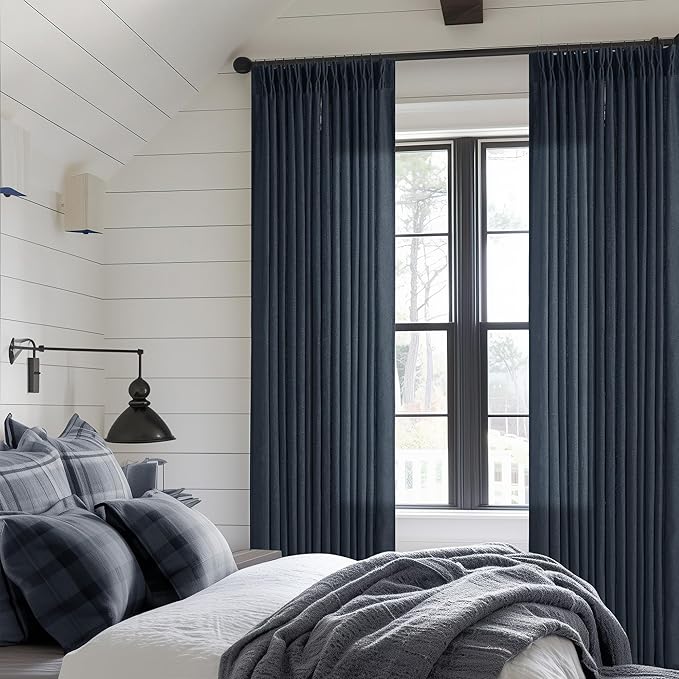 Navy Blue Linen Pinch Pleated Curtains 96 Inches Long 2 Panels | Semi Sheer - Image 6