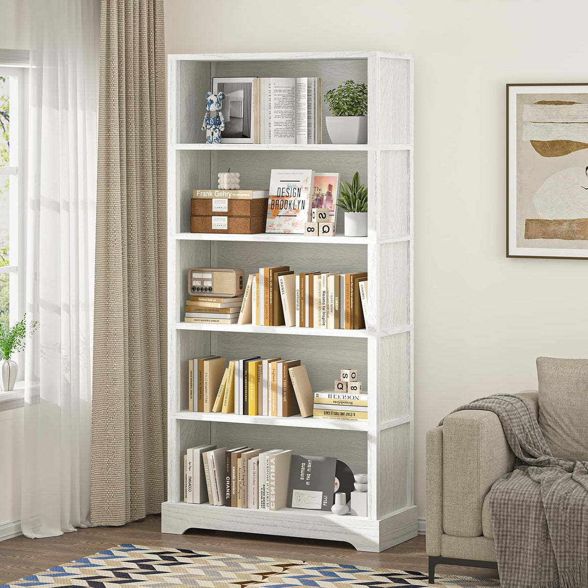 TVU 5-Shelf Wood Bookcase, 65 Inch Tall Bookshelf with Storage, Floor Standing Display Book Shelf，for Living Room Bedroom Study Office，Antique White