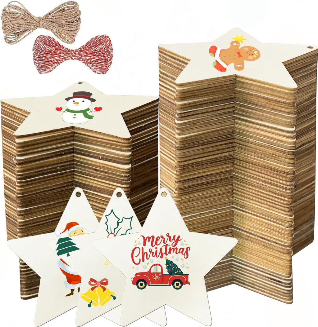 FCECOR 4" 100PCS Wooden Stars for Crafts, Wood Stars for 4th of July Kids Crafts Wood Slices DIY Crafts Supplies, Unfinished Wooden Ornaments for DIY Christmas Crafts Projects