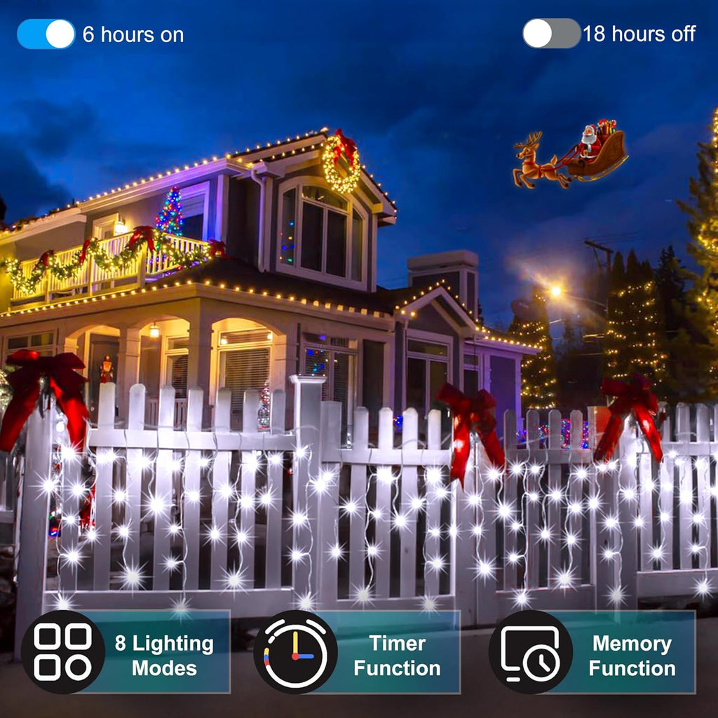 612 LED 60FT Christmas Lights with 136 Drops, 12 Modes Dimmable Cool White Outdoor Hanging Lights with Timer Memory, Waterproof Curtain Lights for Home Bedroom Indoor Tree Window Roof Fence Wedding