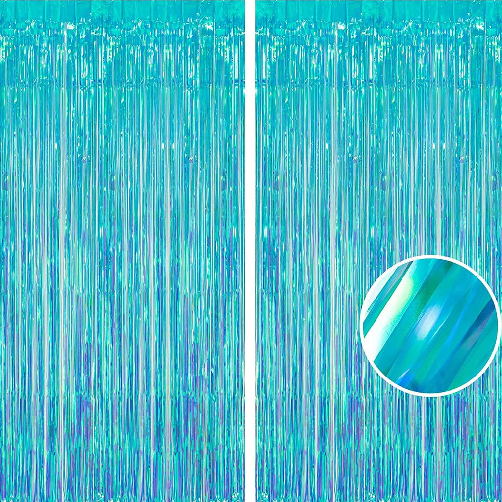 BRAVESHINE Party Decorations Iridescent Foil Fringe Backdrop - 2 Packs 3.2 x 6.5 ft Holographic Tinsel Backdrop Party Streamers Curtain for Birthdays Mermaid Sea Frozen Christmas Parties - Clear Blue