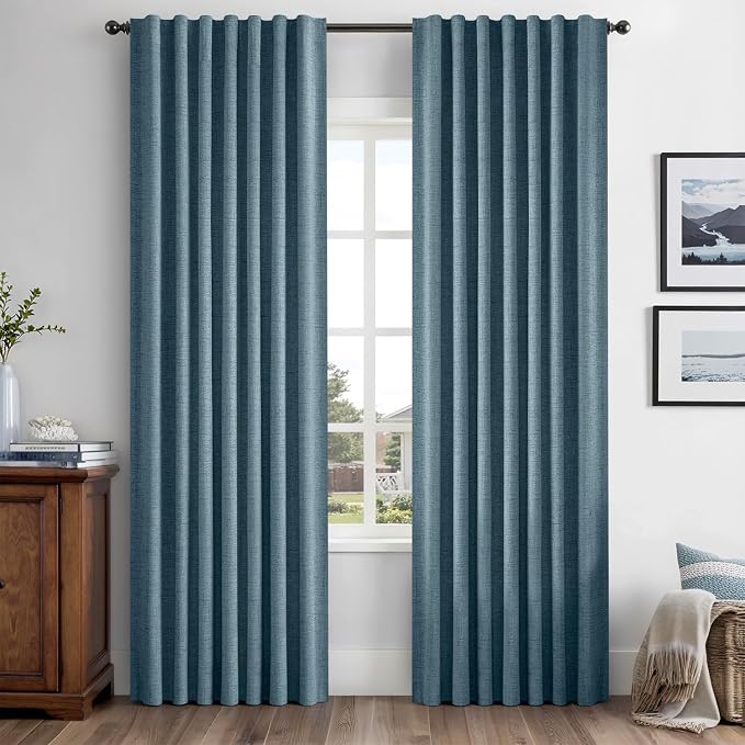 MIULEE 100% Blackout Linen Curtains 42 x 84 Inch Stone Blue 2 Panels | Thermal by MIULEE