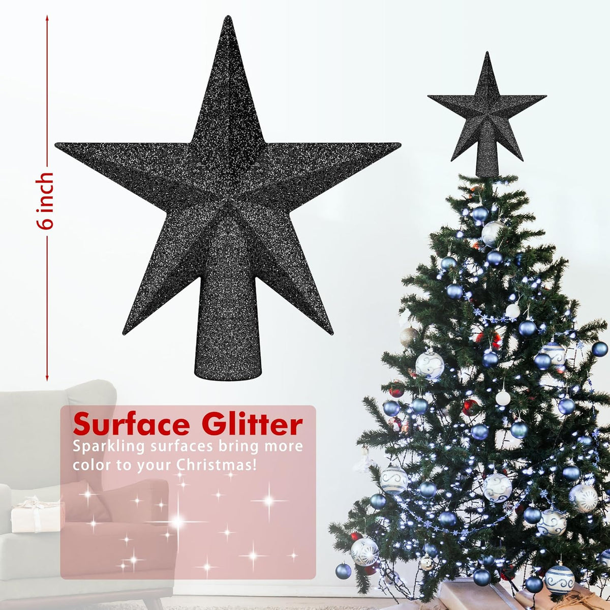 Tree Topper Star, 6" Black Christmas Tree Topper Accessories, Xmas Glitter 3D Bethlehem Star Tree Topper Ornament, Waterproof Holiday Christmas Tree Topper Decor for Home Indoor Outdoor