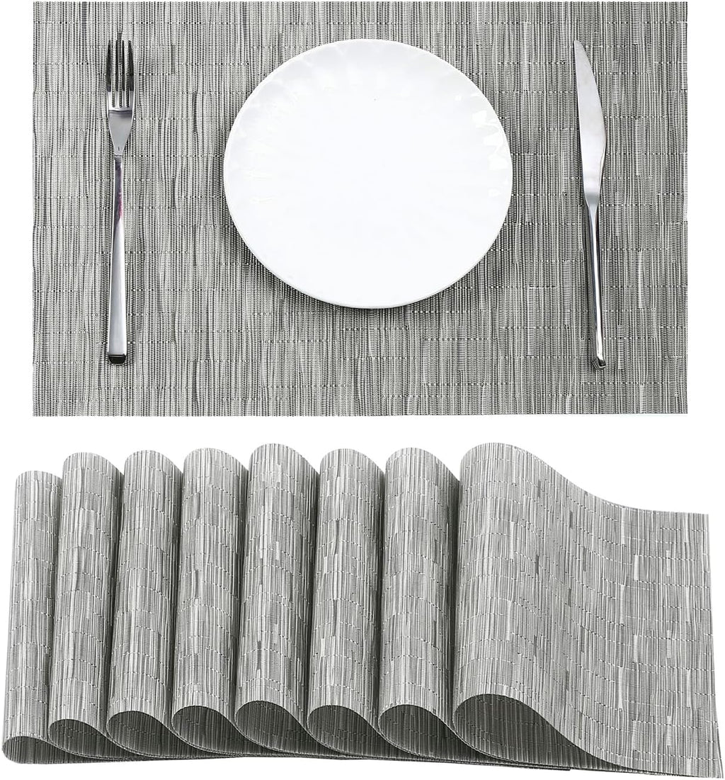 Leetaltree Silver Placemats Set of 8 - Heat Resistant Non-Slip Place mats for Dining Table, Washable Durable PVC Vinyl Woven Table Mats（Silver, 8）