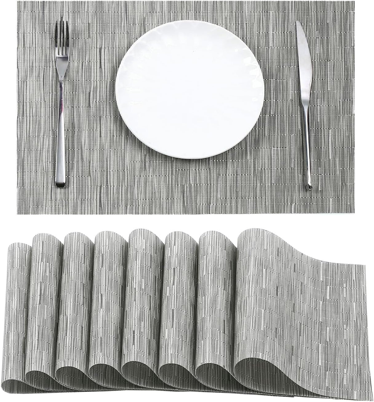 Leetaltree Silver Placemats Set of 8 - Heat Resistant Non-Slip Place mats for Dining Table, Washable Durable PVC Vinyl Woven Table Mats（Silver, 8）