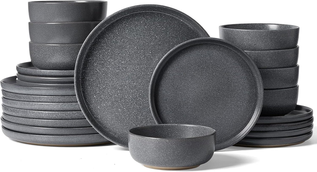 Famiware Milkyway Plates and Bowls Sets, 24 Pieces Dinnerware Sets, Reactive Glaze Dish Set, Stoneware Dishes Set for 8, Matte Dark Charcoal