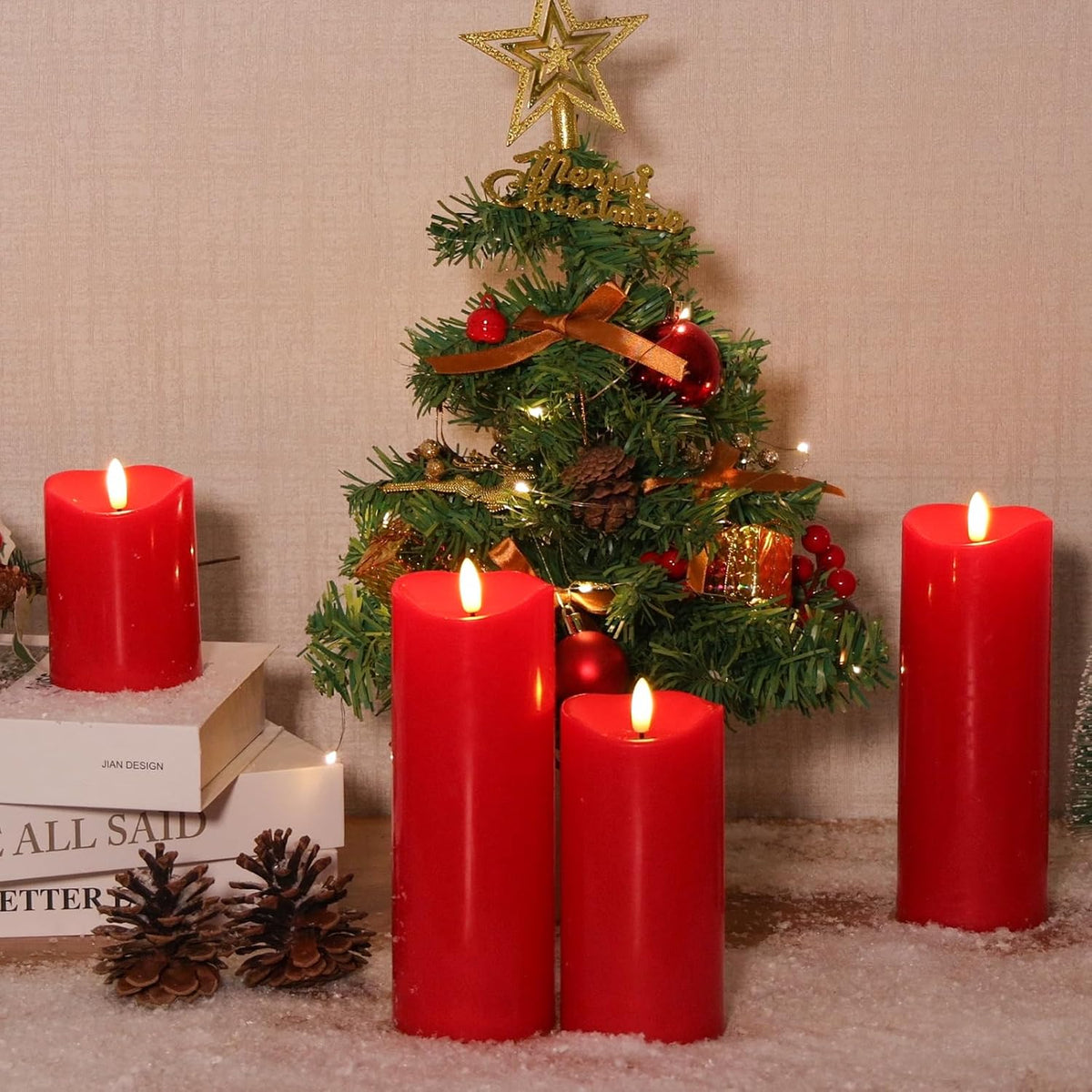 NURADA Outdoor Flameless Candles with Remote Timer - Waterproof Realistic Flickering LED Pillar Electric Battery Operated Fake Candle for Home Wedding Christmas Decor - 3 Pack Red(D3”H4”6”8”)