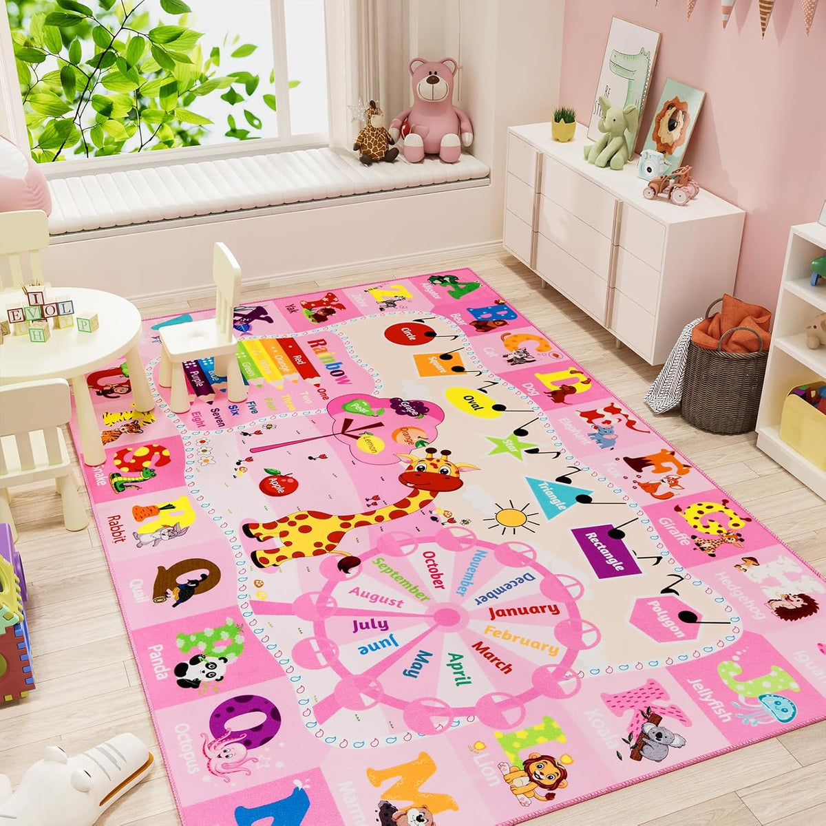 Kids Rugs for Playroom Bedroom Classroom Nursery, Non-Slip and Washable Rugs for Children Toddlers Girls, Educational and Fun Rug Carpets with ABC Alphabet Animals Shapes, 3x5, Pink