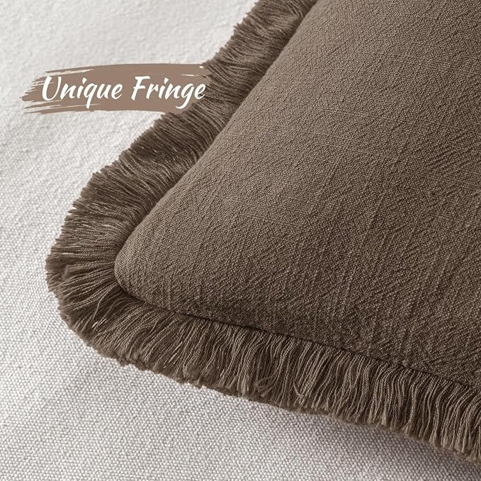 MIULEE Linen Fringe Decorative Fall Pillow Covers Chocolate Brown 18x18 | Set - Image 3