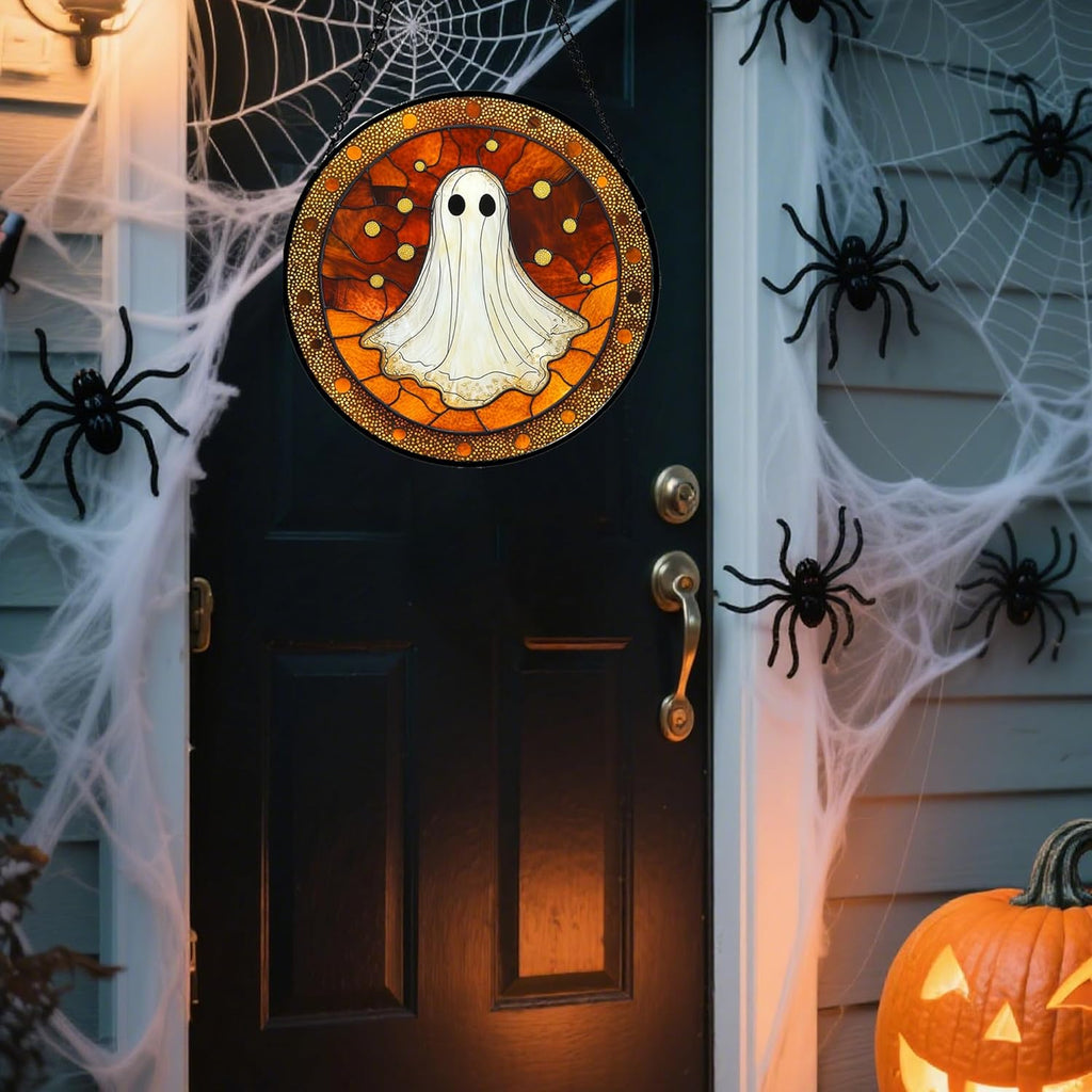 Stained Glass Window Hanging - Halloween Decorations White Ghost Suncatcher for Doors Garden Indoor Spooky Funny Orange Sun Catchers Gothic Decor Horror Gifts for Women Men Friend 15 in