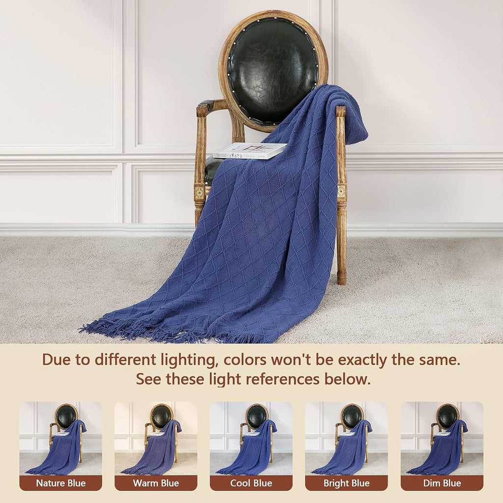 inhand Navy Blue Throw Blanket for Couch and Bed, Soft Living Room Home Decor Knitted Blanket with Tassel, Outdoor Lightweight Breathable Summer Blanket, Farmhouse Warm Woven Decorative, 50"x60"
