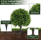 Artificial Boxwood Topiary Outdoor Plants with Spike, 2 Pack Faux Bushes UV Resistant Fake Shrubs for Front Porch Décor