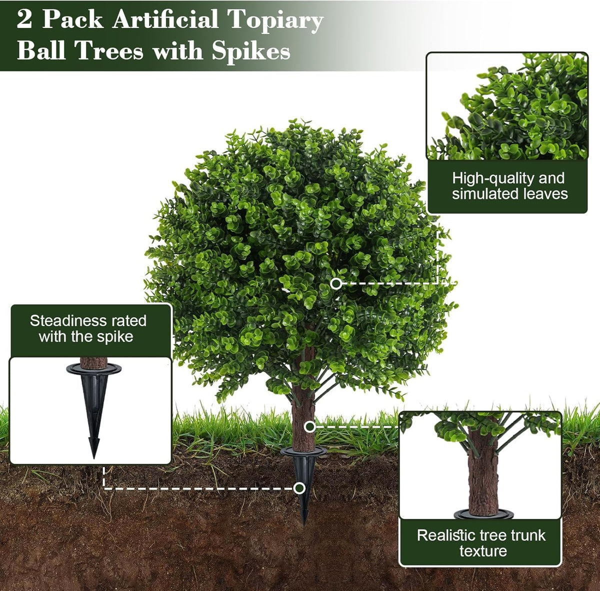 Artificial Boxwood Topiary Outdoor Plants with Spike, 2 Pack Faux Bushes UV Resistant Fake Shrubs for Front Porch Décor