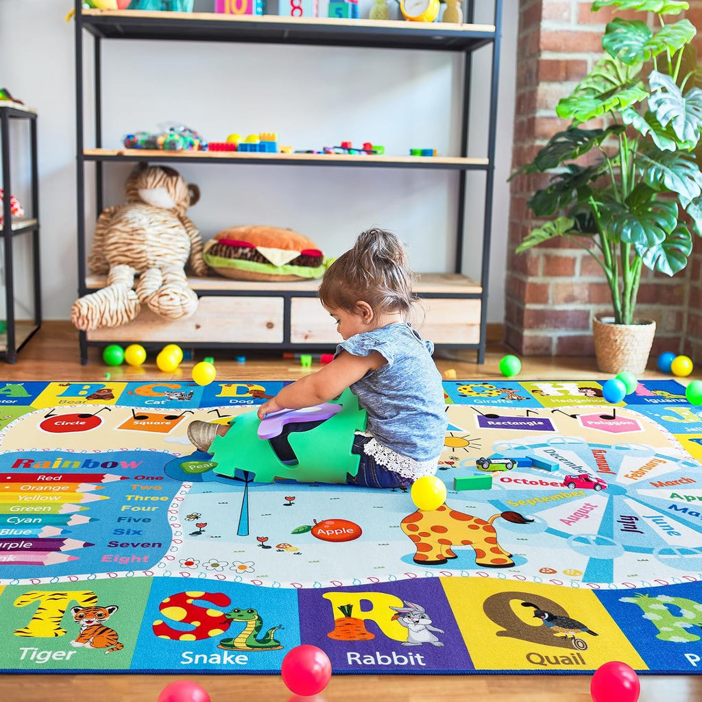 Kids Rugs for Playroom Washable, Educational and Fun Learning Rugs with ABC Alphabet Animals Shapes, Baby Toddler Children's Play Mat for Bedroom Classroom Nursery, 3x5 Feet, Blue