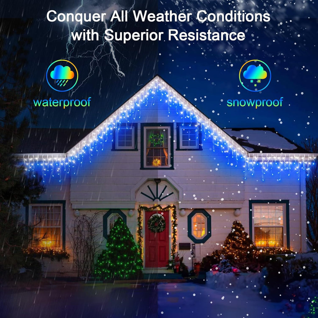 132FT 1332 LED Outdoor Christmas Lights - 296 Ice Drops, 12 Pro Modes with Timer Memory & Brightness, Waterproof Hanging Ice String Light for Holiday Wedding Garden Fence House Decor (White & Blue)