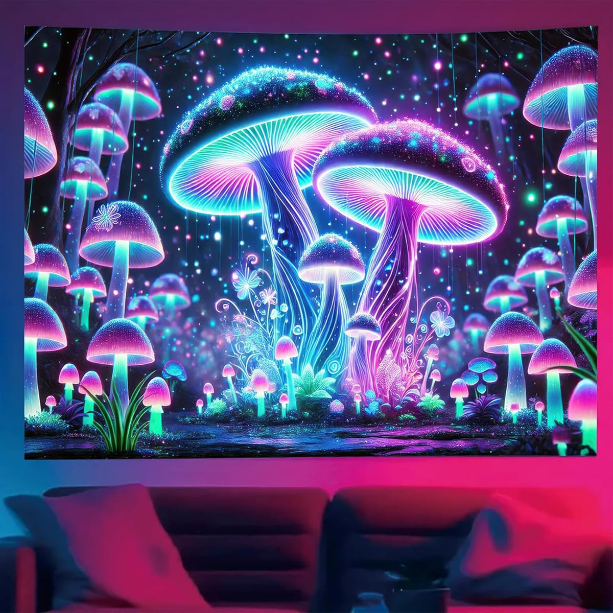 Starlit Patio Blacklight Mushroom Tapestry UV Reactive Trippy Glowing Wall Hanging Tapestry for Bedroom Living Room Dorm Aesthetic Psychedelic Forest Decor Fluorescent Poster Large 78 x 59 Inch