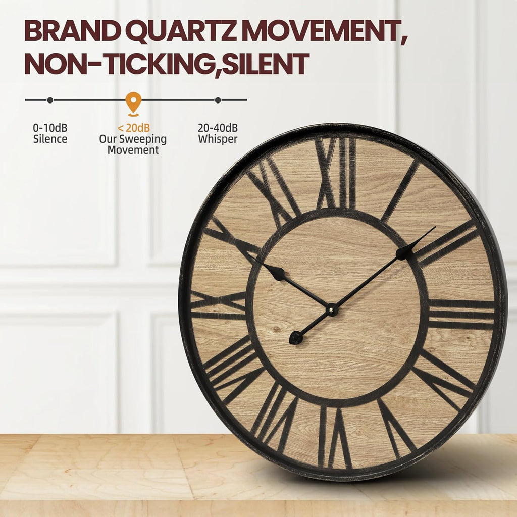 Large Wall Clock for Living Room Decor, Non Ticking Silent, Battery Operated Modern Vintage Wood Oversized Decorative Wall Clock for Bedroom Kitchen Farmhouse Office Decor