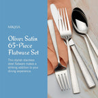 Mikasa Oliver Satin Flatware Set for 12, 65 Piece 18/10 Stainless Steel Silverware with Stylish Satin Finish and Serving Utensils, Durable Dinnerware Service
