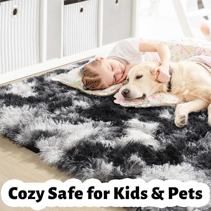 Amdrebio Black White Grey Large Furry Rug 9x12 - Image 7