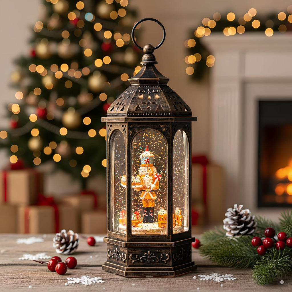 Animated Gingerbread Nutcracker with Moving Figurines Lighted Water Lantern, USB Lined/Battery Operated Snow Globe for Christmas Festival Decoration Gifts