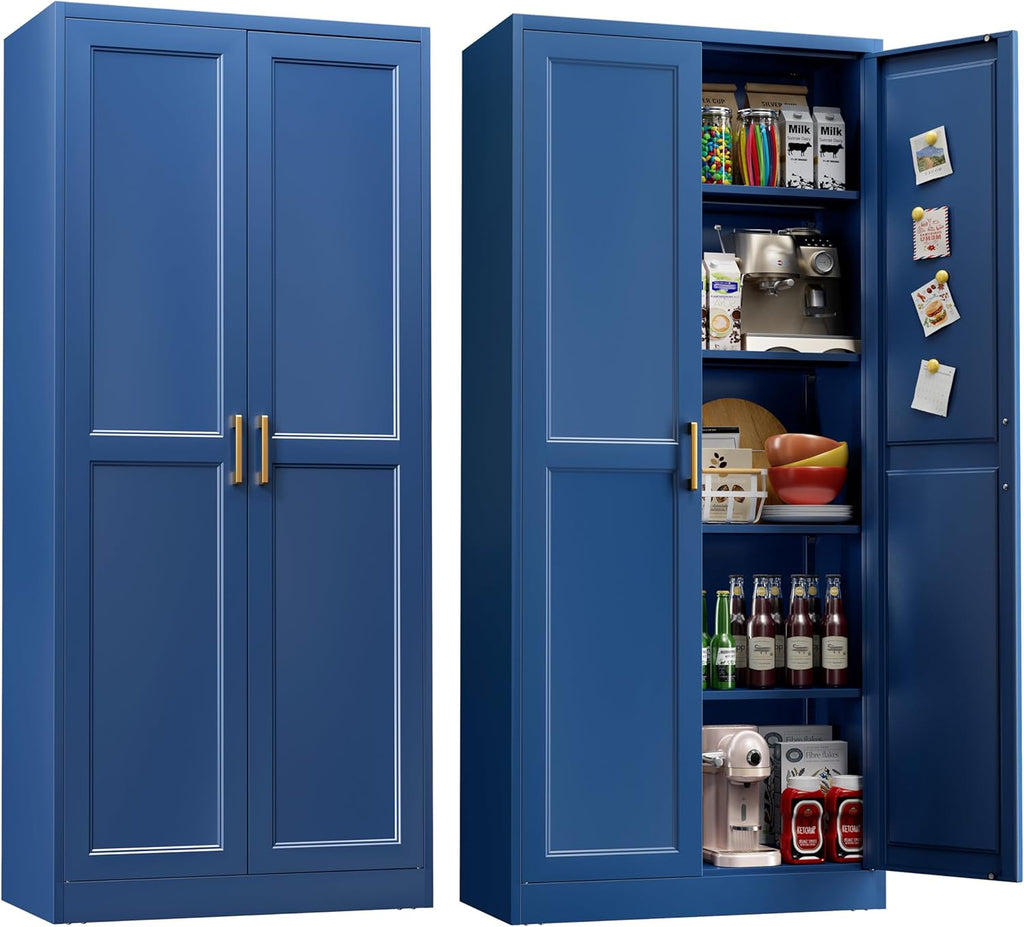 71" Storage Cabinet, Metal Pantry Cabinet, Kitchen Pantry Storage Cabinets with Doors and 4 Shelves, Cabinets for Laundry Room, Living Room, Dinning Room, Assembly Required, Blue