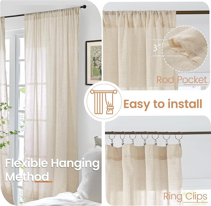 BGment Tan Linen Curtains 45 Inch Length 2 Panels, Burlap Semi Sheer Drapes | - Image 6