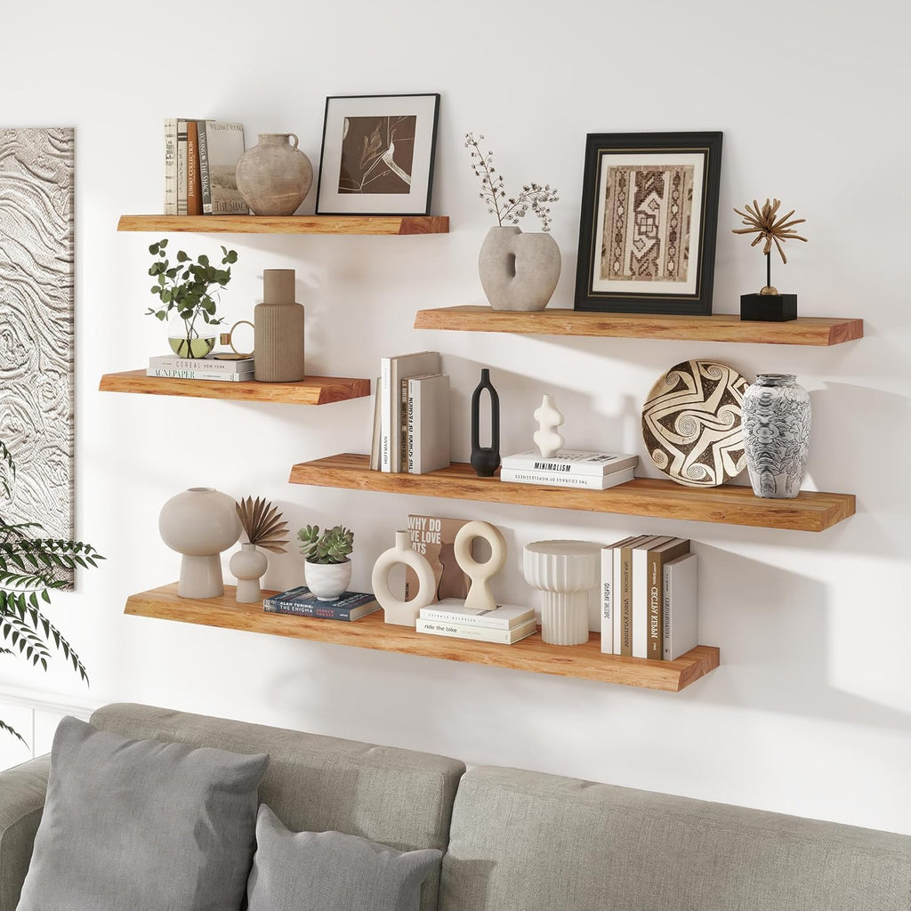 RICHFOCUS Live Edge Elm Floating Shelves - 30" W x 9.3" D Rustic Solid Wood Wall Shelves with Invisible Bracket, Wall-Mounted for Living Room, Bedroom, Kitchen Storage & Display, Set of 2, Natural