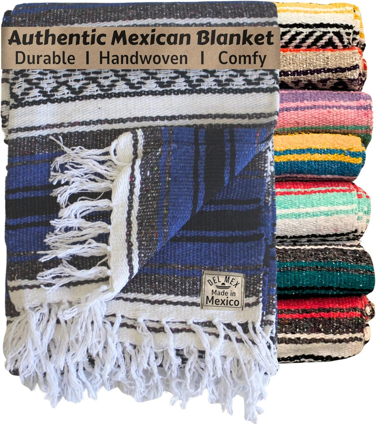 Del Mex Classic Mexican Blanket, Large Authentic Woven Falsa Throw (70"x50"), Artisan Southwest Décor for Beach, Yoga, Outdoors (Blue)