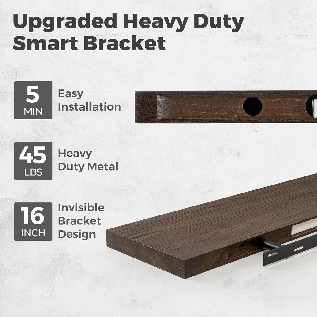RICHFOCUS Elm Floating Shelves for Wall - 24" W x 9.3" D Rustic Solid Wood Shelves with Invisible Bracket, Wall-Mounted for Living Room, Bedroom, Kitchen Storage & Display, Set of 2, Walnut