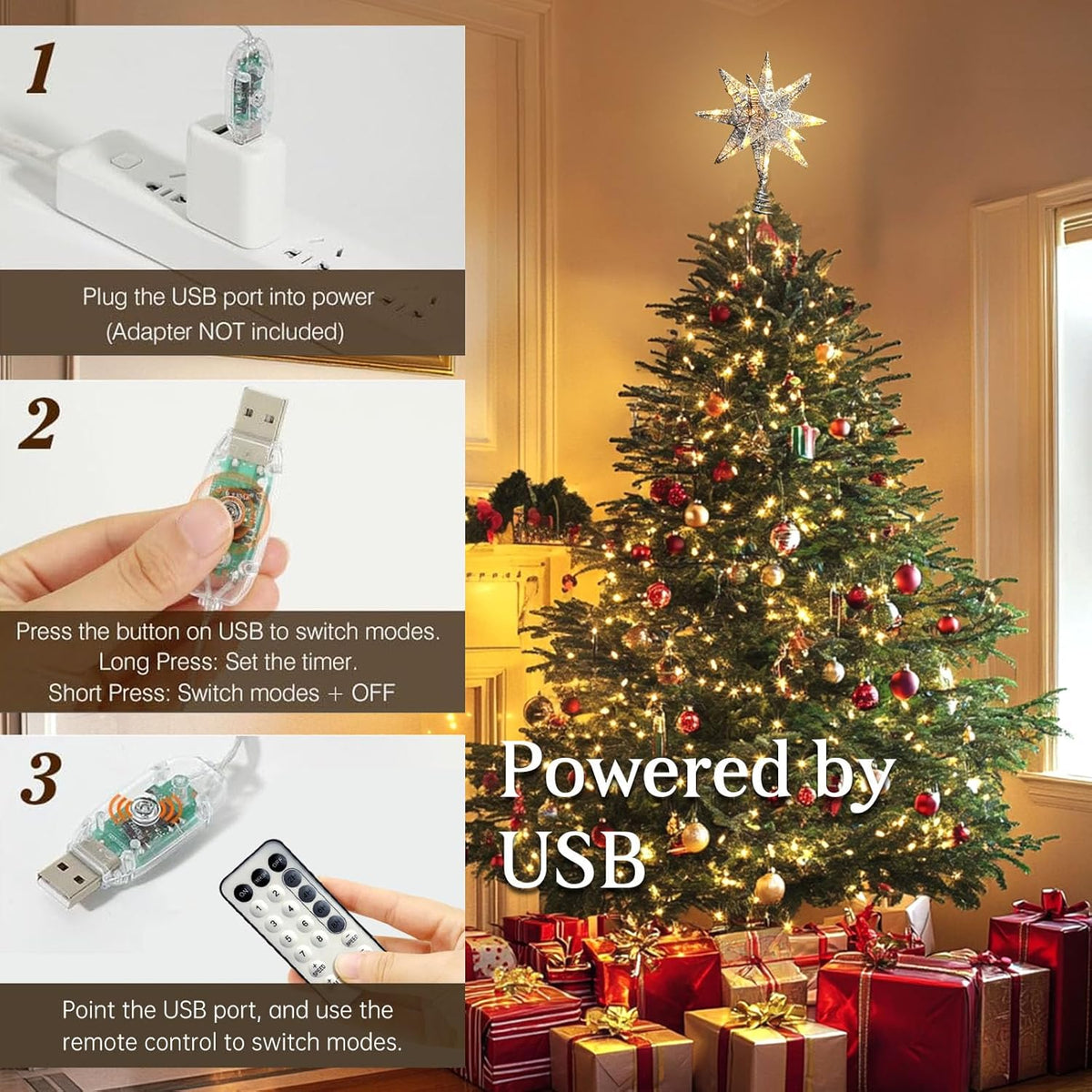 Christmas Star Tree Topper Silver, 3D Geometric Star Decorative Tree Topper with Warm White 50 LED Light Beads for Home Holiday Xmas Tradition Moravian Decor, Timer Function 5m Cable