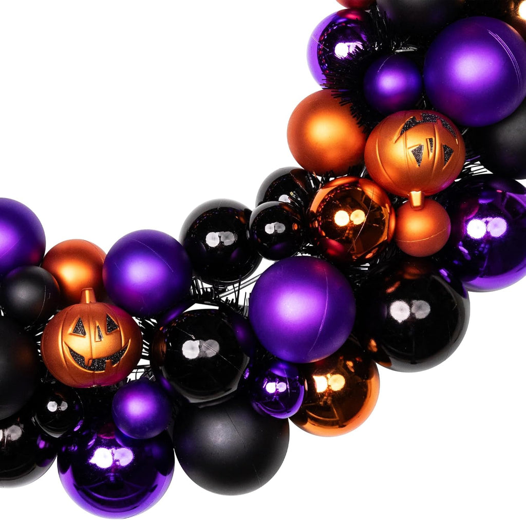 Jack-O-Lanterns Shatterproof Ball Ornament Halloween Wreath - 24" - Unlit