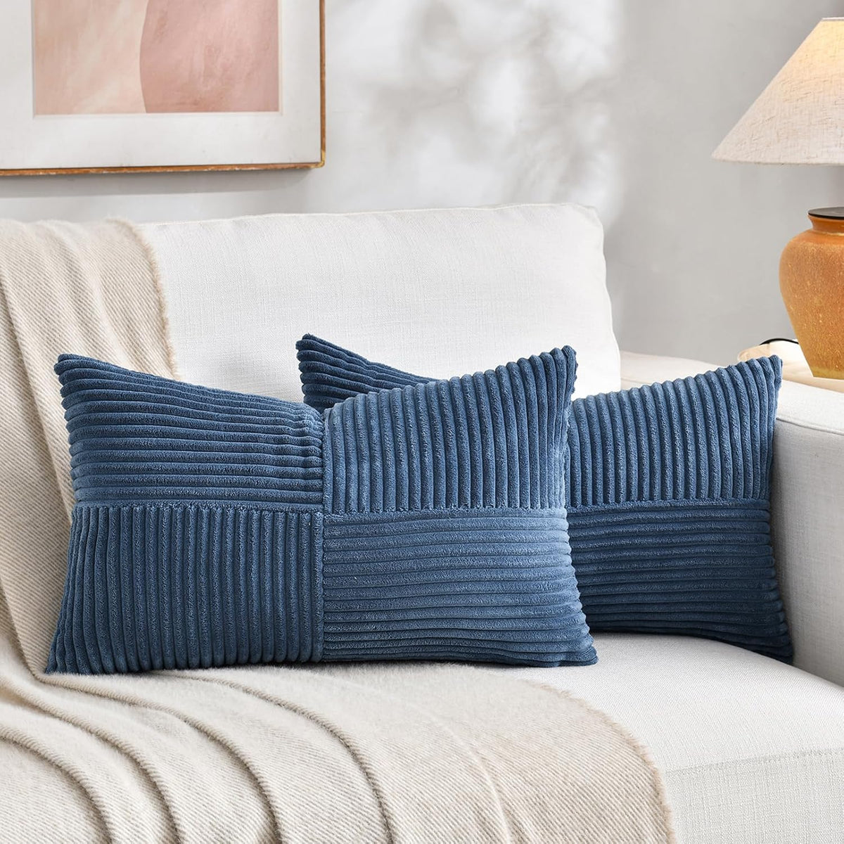 Fancy Homi 2 Packs Dusty Blue Lumbar Decorative Throw Pillow Covers 12x20 Inch for Couch Bed Sofa, Rustic Farmhouse Boho Home Decor, Soft Striped Corduroy Rectangle Accent Cushion Case 30x50 cm