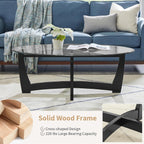 48" Oval Glass Coffee Table with Black Tempered Glass Top Cross and Solid Wood Base Simple & Modern Center Table for Living Room Office Apartment Black