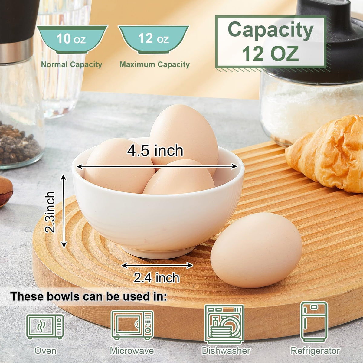 White 4.5in Small Ceramic Bowls 12 OZ, AntoKueh Cereal Bowls Set of 12 for Dessert, Rice, Jello, Family dressfamily gatherings, hosting dinner parties