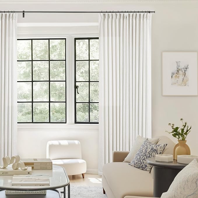 Beige White Pinch Pleated Linen Curtains 126 Inches Long 2 Panels | 400GSM - Image 8