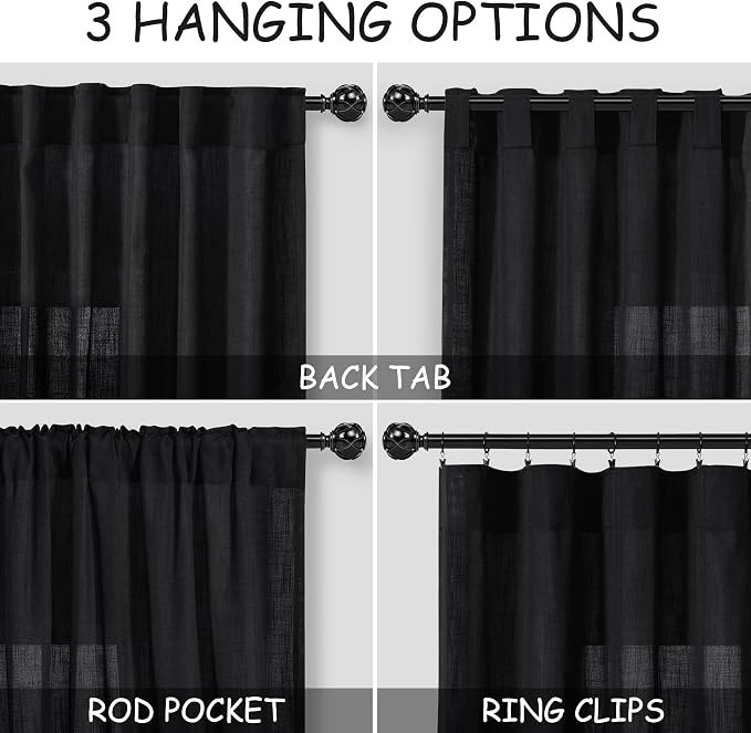 Black Short Linen Textured Curtains 40 Inches Long 2 Panels Set - Image 3