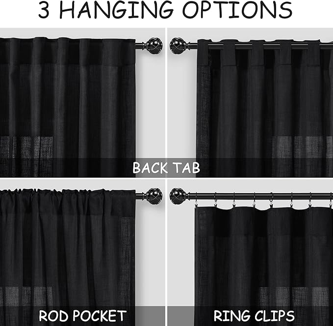 Black Linen Curtains 84 inches Long 2 Panels - Image 3