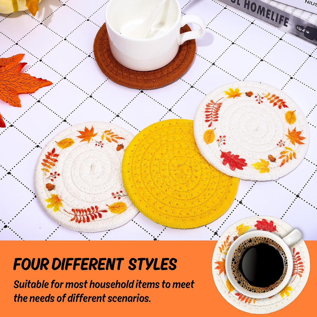 Whaline Fall Coasters Maple Leaves Handmade Braided Cotton Drink Coasters Orange Yellow Non-Slip Absorbent Cup Mats for Autumn Thanksgiving Table Protection Birthday Housewarming Gift Home Decor, 4Pcs