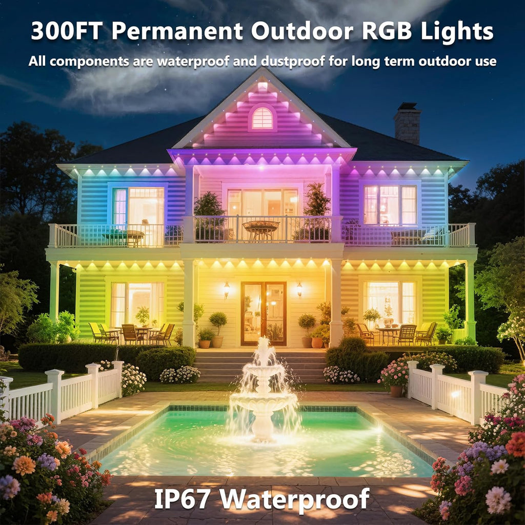 300FT Permanent Outdoor RGB Lights, IP67 Waterproof Smart Eave Lighting, with App/Remote Control Eaves Light, DIY LED Scenes Modes for House Roof Decor,Christmas,Party,All Holiday and Daily