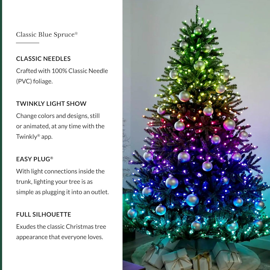 Balsam Hill 6.5ft Pre-Lit Classic Blue Spruce Artificial Christmas Tree with 2,144+ Tips, 330 Twinkly LED Smart Lights, Easy Plug System, Premium Stand & Storage Bag for Indoor Holiday Decorating