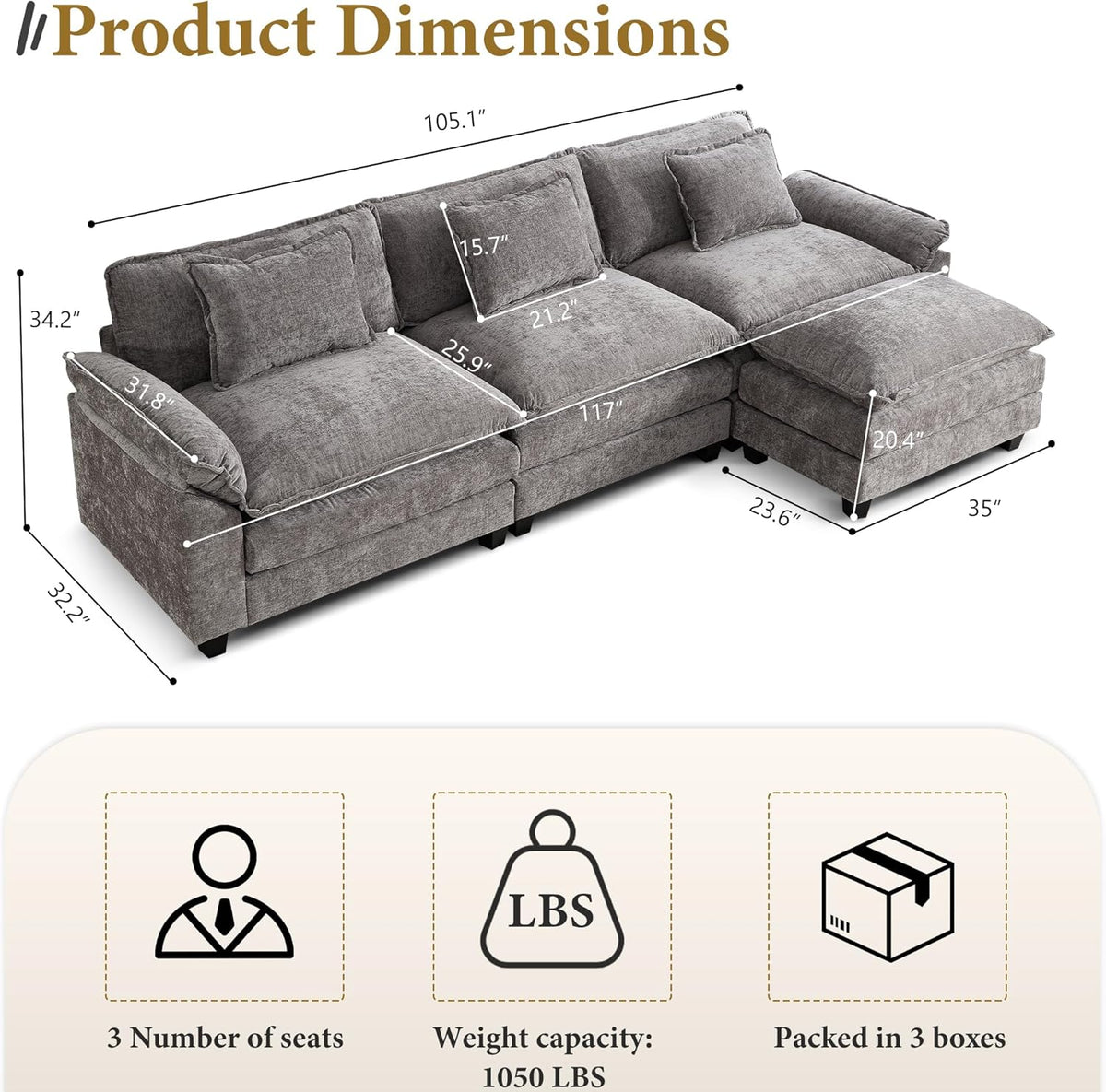 URRED Modular Sectional Sofa Comfy Cloud Couch, Modern Chenille Sofa Sleeper Deep Seat Couches with Ottoman/Pillows for Living Room (Gray, 117''- L Shape)