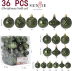 Christmas Ornaments Set with 36pcs Shatterproof Christmas Tree Decorations Multi-Size Christmas Ball Ornaments with 7 Styles Dark Green
