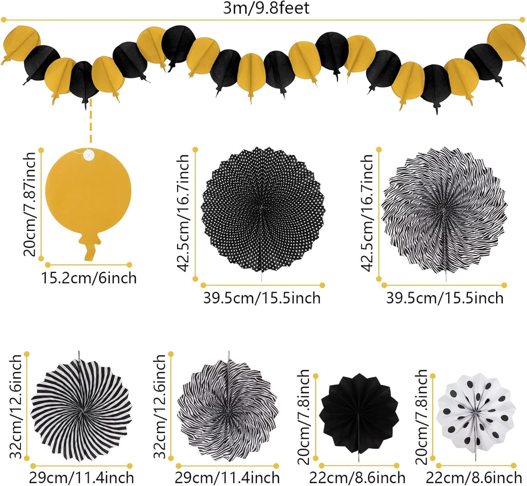 Black and Gold Decorations, Paper Pompoms Fan for Graduation Birthday Wedding Prom Night New Years Black and Gold Party Decorations