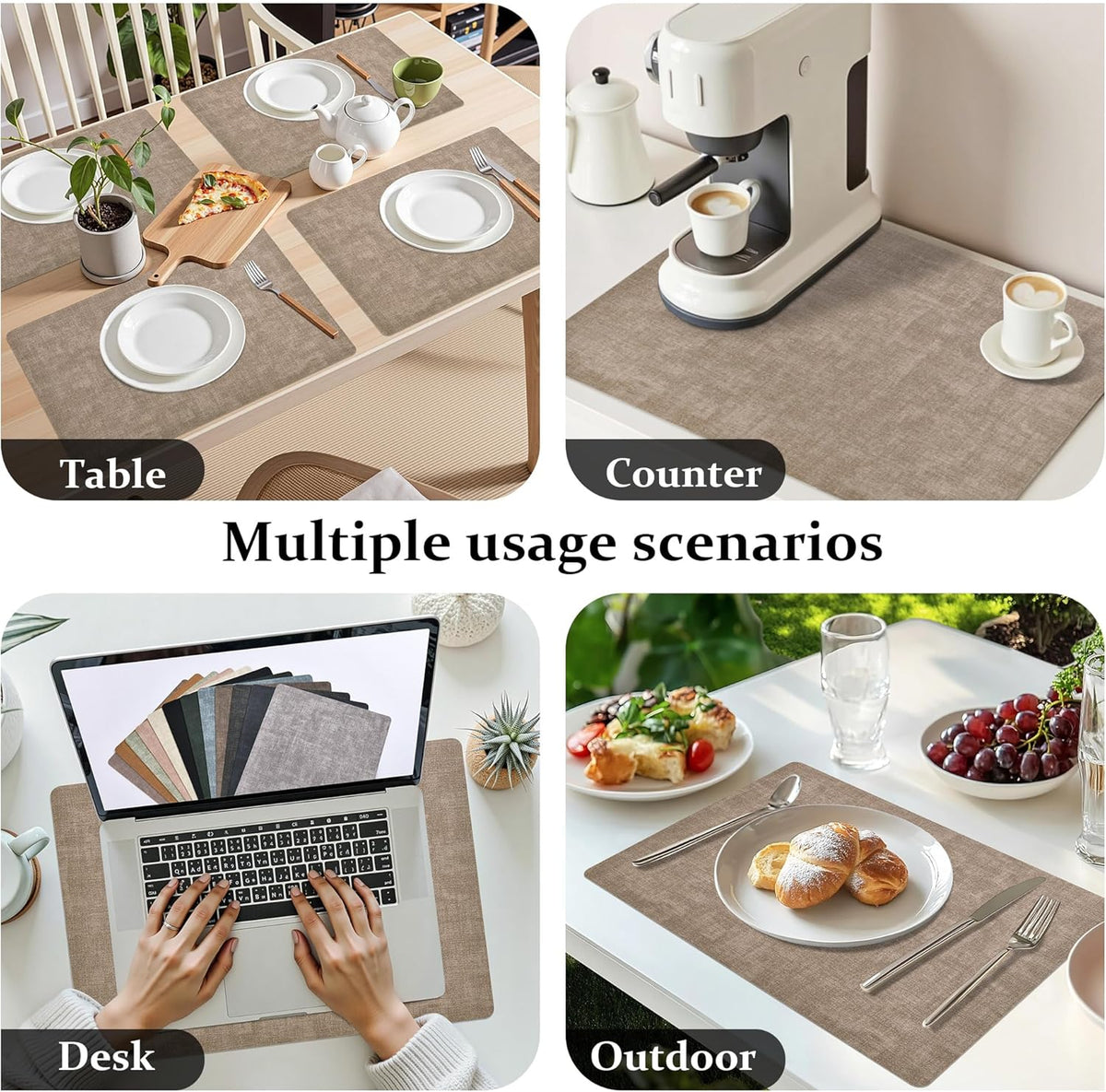 FROMHEART Faux Leather Placemats Set of 6–Waterproof,Heat/Oil Stain-Resistant PU Table Mat–Reversible,Non-Slip,Easy to Clean Place Mats for Kitchen,Dining,Indoor/Outdoor,(Light Coffee,11.8" x 17")