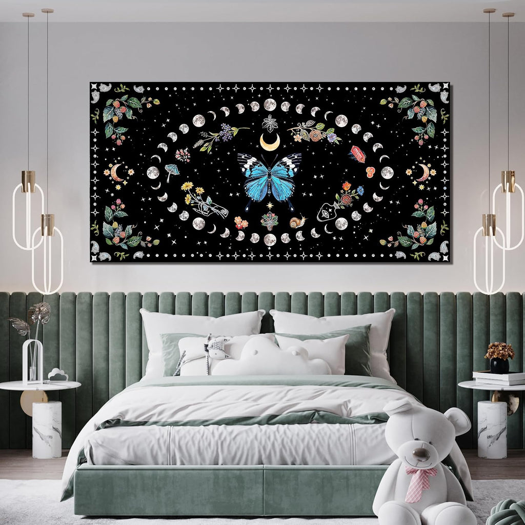 Canvas Wall Art Prints Blue Boho Wall art Decor Canvas Art Wall Decor Wall Pictures for Living Room Vintage Butterfly Wall Art Moon Flower Abstract Artwork for Walls Home Bedroom Decor 20" X 40"