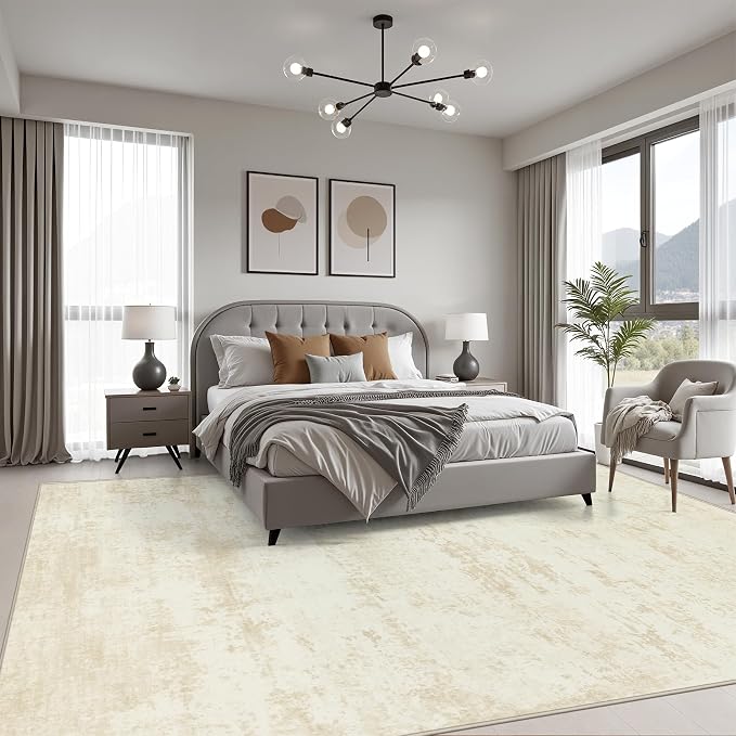 Area Rug Living Room: 8x8 Modern Washable Indoor Soft Carpet Beige | - Image 3