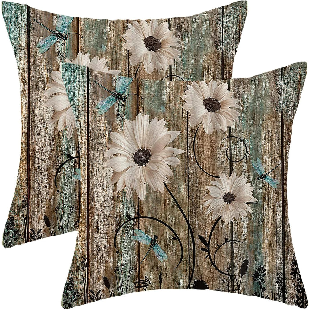 CXMEIFLY Spring Floral Pillow Covers 18 x 18 Inch Set of 2 for Brown Wood Texture Daisy Flowers Decor Throw Pillows Dragonfly Plant Floral Outdoor Decorative Cushion Cases for Couch Bed Decorations