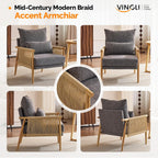 VINGLI Boho Braid Accent Armchair,Mid-Century Modern Chiar with Solid Wooden Armrest,Comfy Louge Cushion Chair with Waist Pillow for Bedroom,Living Room,Reading Room, Gray
